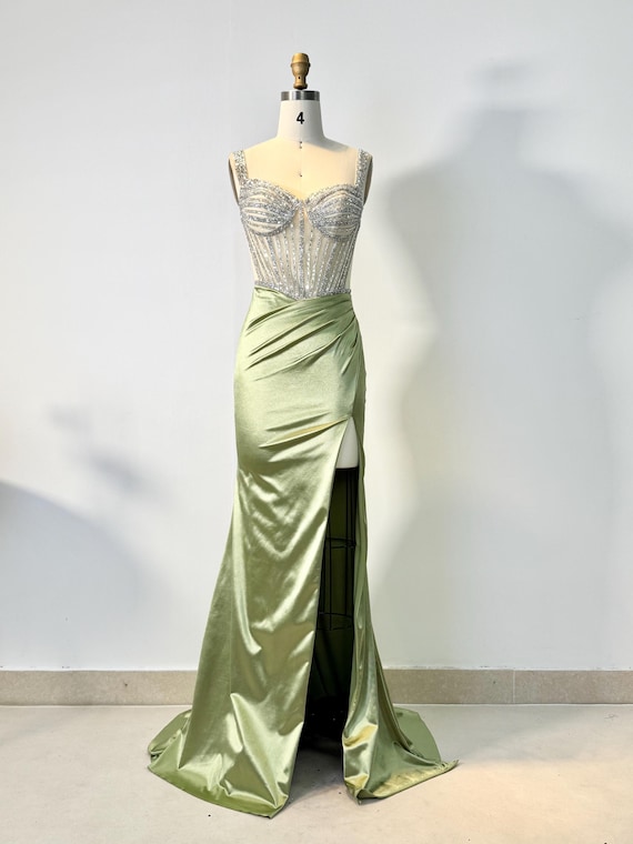 Sage Green Beaded Corset Gown: Satin Mermaid Dress With Slit - Etsy
