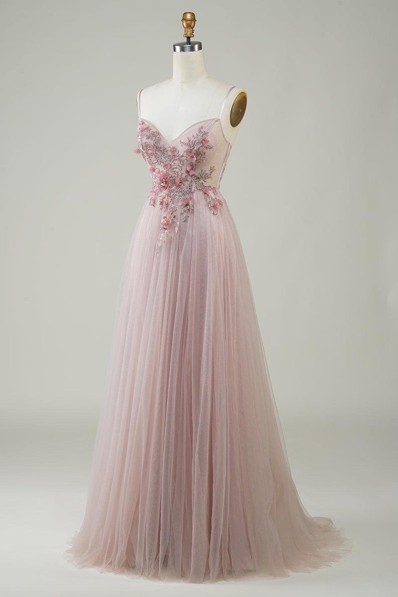 Pink tulle 3d flower tulle long prom gown, pink tulle evening dress,DS2383 main image 1