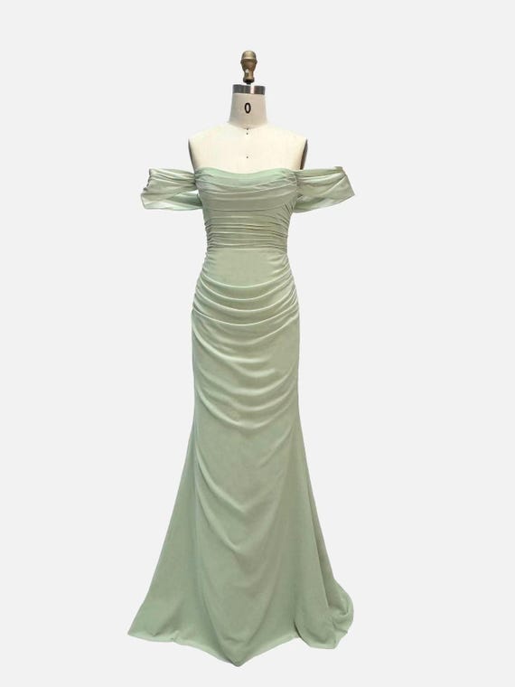 sage green off the shoulder prom dress Evening Gown, Ruched Mermaid Dress, Elegant Long Formal for Wedding, Gala & sage green corset prom dress