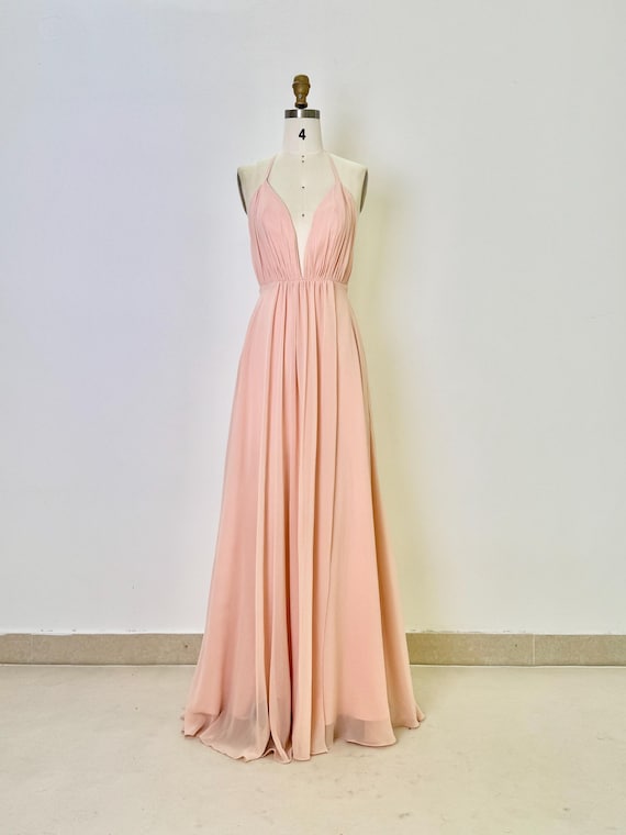 Blush Pink Chiffon Halter Dress: Backless A-line Gown