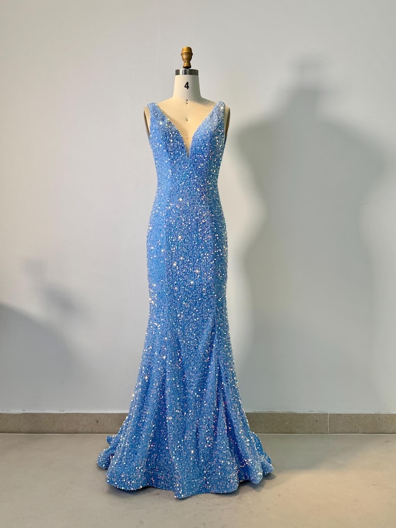 Ice Blue Sequin Mermaid Gown Deep V Neckline, Formal Events - Etsy Ice Blue Sequin Mermaid Gown Deep V Neckline, Formal Events - Etsy