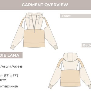 May include: Technical drawing of a color-blocked hoodie in cream, beige, and white. The front and back views are shown, with a half-zip closure and hood. The garment is labeled "HOODIE LANA" and includes size and height information.