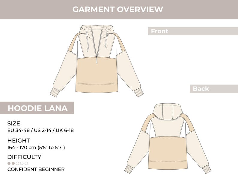 May include: Technical drawing of a color-blocked hoodie in cream, beige, and white. The front and back views are shown, with a half-zip closure and hood. The garment is labeled "HOODIE LANA" and includes size and height information.