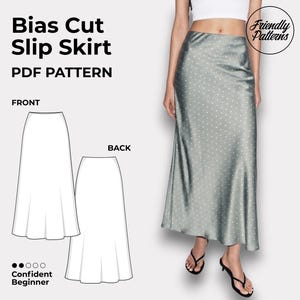 Bias-Cut Maxi Slip Skirt Sewing Pattern with elastic waistband, no zipper, flowy silhouette. Beginner Friendly (PDF Download)