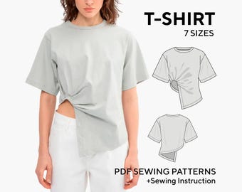 Cut Out T-Shirt Sewing Pattern: Asymmetric Hem, Round Neckline. Beginner Friendly (PDF Download)