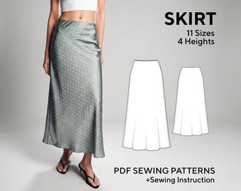 Bias-Cut Maxi Slip Skirt Sewing Pattern with elastic waistband, no zipper, flowy silhouette. Beginner Friendly (PDF Download)