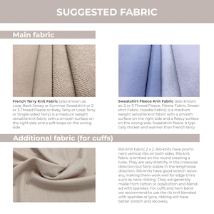 May include: Image showcasing fabric swatches. Includes French Terry Knit Fabric, a medium-weight knit with a smooth surface and soft loops, and Sweatshirt Fleece Knit Fabric, a medium-weight knit with a smooth and fleecy side. Also shown is Rib Knit Fabric.