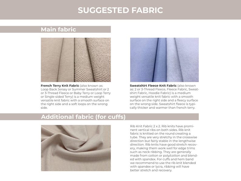 May include: Image showcasing fabric swatches. Includes French Terry Knit Fabric, a medium-weight knit with a smooth surface and soft loops, and Sweatshirt Fleece Knit Fabric, a medium-weight knit with a smooth and fleecy side. Also shown is Rib Knit Fabric.