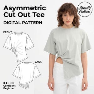 Asymmetric Cut Out T-Shirt Sewing Pattern - Beginner Friendly Tee with Round Neckline - Instant Download