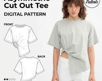 Asymmetric Cut Out T-Shirt Sewing Pattern - Beginner Friendly Tee with Round Neckline - Instant Download