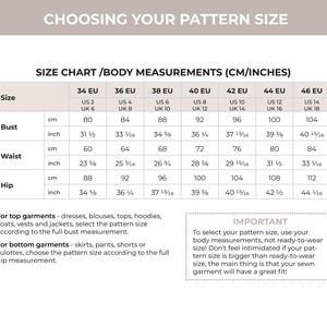 May include: A size chart with body measurements in centimeters and inches. The chart includes bust, waist, and hip measurements, with corresponding EU and US sizes. Text at the top reads "CHOOSING YOUR PATTERN SIZE".