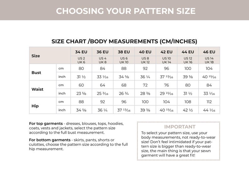 May include: A size chart with body measurements in centimeters and inches. The chart includes bust, waist, and hip measurements, with corresponding EU and US sizes. Text at the top reads "CHOOSING YOUR PATTERN SIZE".