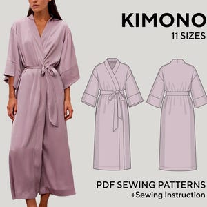 Puede incluir: Un kimono de color malva con cinturón a juego se muestra en una modelo. La imagen también incluye dos dibujos lineales del kimono, y el texto "KIMONO 11 TALLAS" y "PATRONES DE COSTURA PDF +Instrucciones de costura".