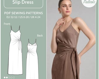 Slip Dress Sewing Pattern: Adjustable Straps, No Zipper, V-neck, Side Slit, Tie Details. 4 Height Options, 11 Sizes (PDF Download)