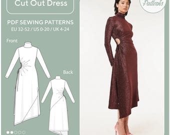 Cut-Out Dress Sewing Pattern: Side Split, Asymmetric Hem, Turtleneck Collar. Beginner Friendly (PDF Download)