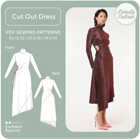 Cut-Out Dress Sewing Pattern: Side Split, Asymmetric Hem, Turtleneck Collar. Beginner Friendly (PDF Download)