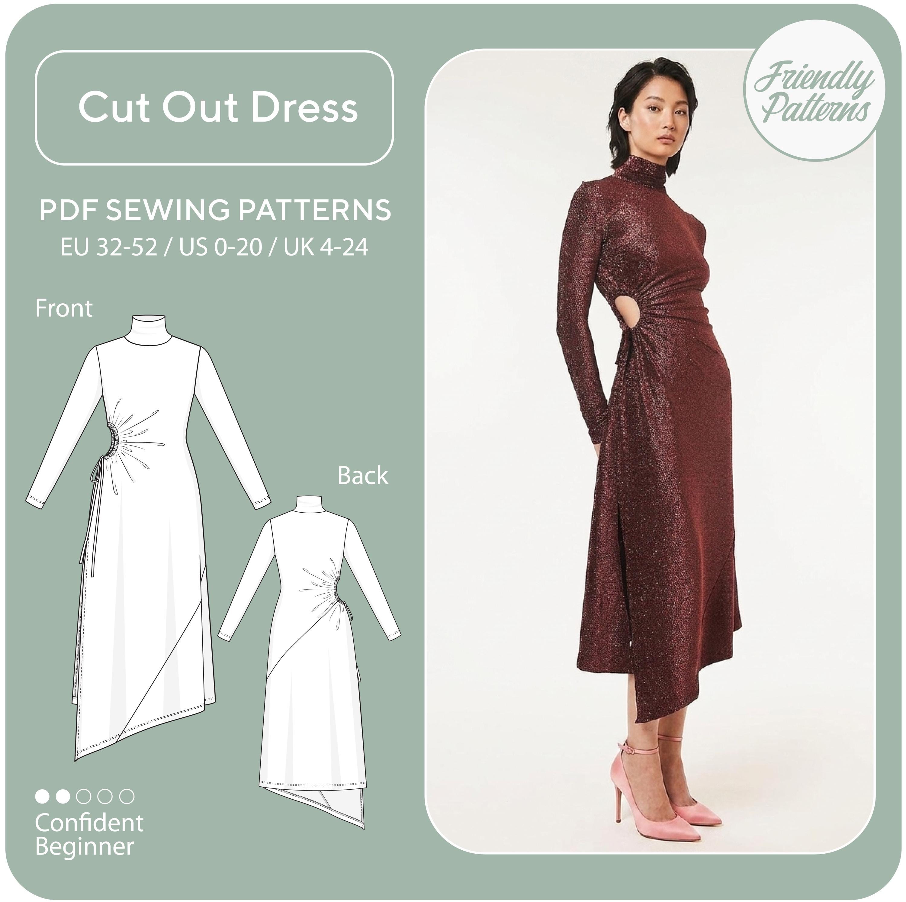 Cut-Out Dress Sewing Pattern: Side Split, Asymmetric Hem, Turtleneck Collar. Beginner Friendly (PDF Download)
