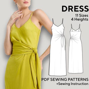 May include: A woman wearing a chartreuse-colored dress with spaghetti straps and a knotted waist. The image includes a line drawing of the dress and the text "DRESS" with "11 Sizes 4 Heights" and "PDF SEWING PATTERNS + Sewing Instruction".
