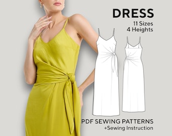 Slip Dress Sewing Pattern: Adjustable Straps, No Zipper, V-neck, Side Slit, Tie Details. 4 Height Options, 11 Sizes (PDF Download)