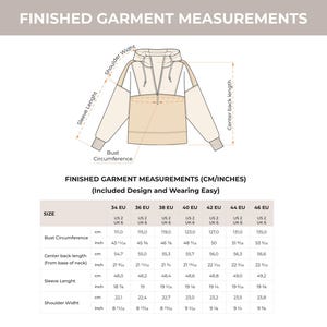 May include: Diagram of a hooded sweatshirt with measurements in inches and centimeters. The diagram shows the bust circumference, center back length, and sleeve length. The text at the top reads "FINISHED GARMENT MEASUREMENTS".