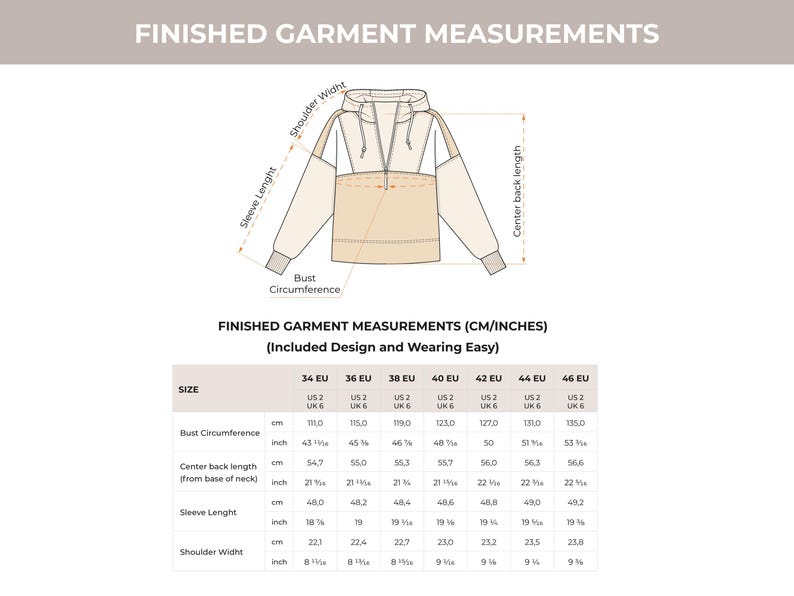 May include: Diagram of a hooded sweatshirt with measurements in inches and centimeters. The diagram shows the bust circumference, center back length, and sleeve length. The text at the top reads "FINISHED GARMENT MEASUREMENTS".