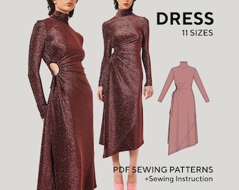 Cut-Out Dress Sewing Pattern: Side Split, Asymmetric Hem, Turtleneck Collar. Beginner Friendly (PDF Download)
