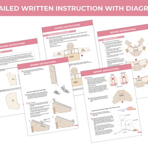 May include: A collection of sewing instruction sheets with diagrams. The sheets are white with pink headers that read "SEWING INSTRUCTIONS". The top header reads "DETAILED WRITTEN INSTRUCTION WITH DIAGRAMS". The instructions include diagrams and text.
