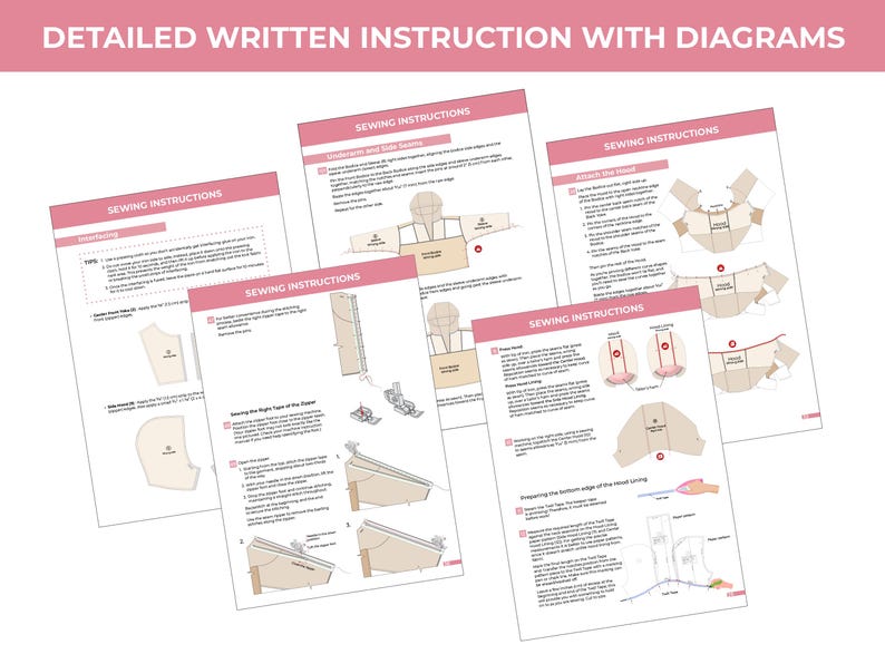 May include: A collection of sewing instruction sheets with diagrams. The sheets are white with pink headers that read "SEWING INSTRUCTIONS". The top header reads "DETAILED WRITTEN INSTRUCTION WITH DIAGRAMS". The instructions include diagrams and text.