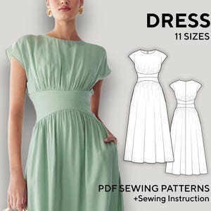 Puede incluir: Un vestido verde menta con cintura entallada y falda fluida. El vestido tiene mangas cortas y cuello redondo. La imagen también incluye un dibujo lineal del vestido y el texto "DRESS 11 SIZES PDF SEWING PATTERNS +Sewing Instruction."