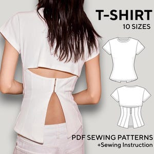May include: A white t-shirt with a back cutout and hook-and-eye closure, accompanied by technical line drawings of the garment. The text reads T-SHIRT 10 SIZES and PDF SEWING PATTERNS + Sewing Instruction, illustrating a sewing pattern design.