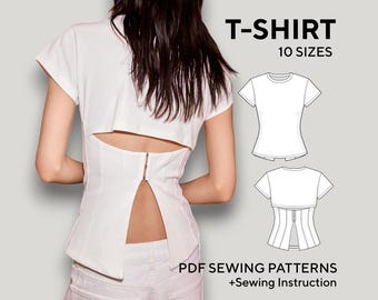 Corset Cut Out Back Top Sewing Pattern - Beginner Friendly Tee with Round Neckline, Short Sleeves, Back Opening - Instant Download