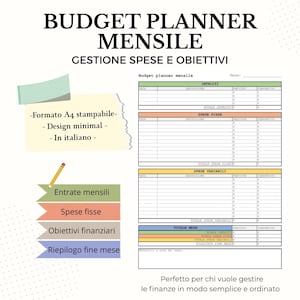 Budget Planner Mensile A4 – PDF Stampabile in Italiano – Gestione Spese e Obiettivi Economici