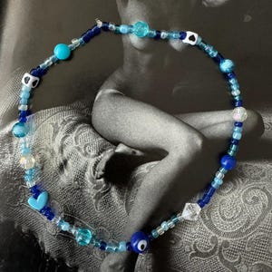 Handmade women&#39;s Beaded choker Necklace, evil eye , nazar, blue seed beads, rose & heart shaped beads, Bead Necklace Jewelry, trendy jewelry