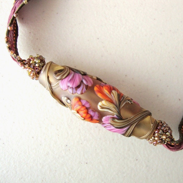 Pendant of Museum Quality Floral Lampwork Bead Embellished Ribbon