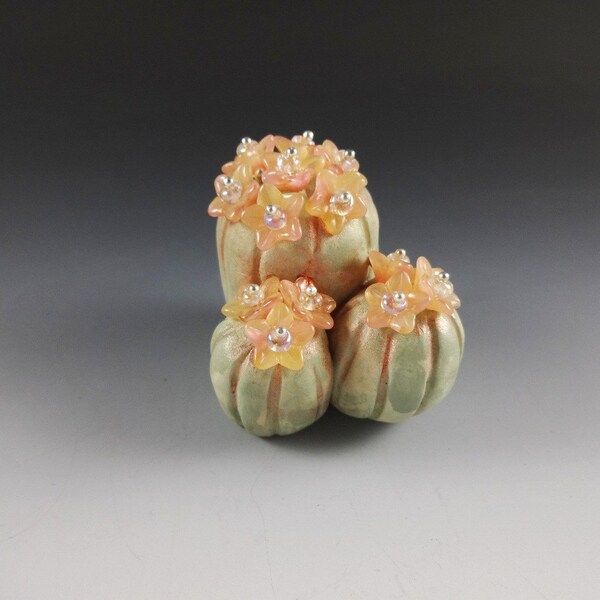 Art Sculpture Cactus Cluster Stylized Blooms Green Peach Copper