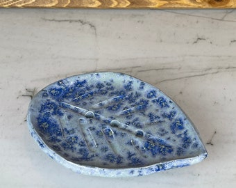 Ceramic Soap Dish - Blue Leaf Soap Holder - Handmade Pottery