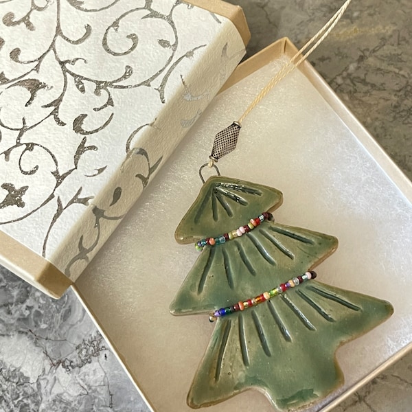 Christmas Tree Ornament - Handmade Ceramic Tree Glazed and Beaded