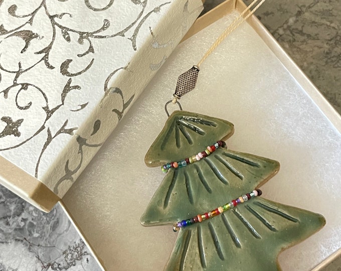 Featured listing image: Christmas Tree Ornament - Handmade Ceramic Tree Glazed and Beaded