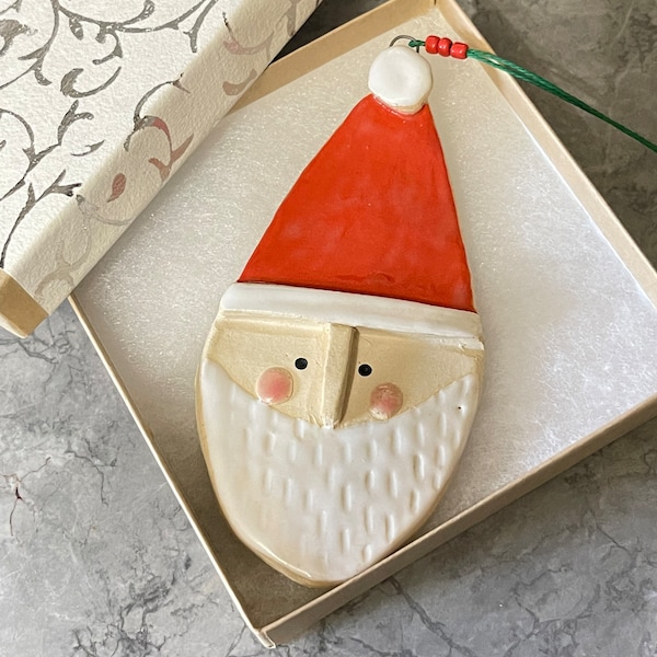 Santa Christmas Tree Ornament - Handmade Ceramic Ornament Glazed and Beaded