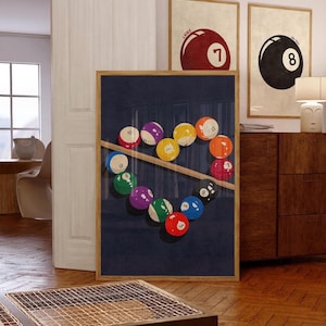 Retro Billard-Kuss-Wandkunst, Vintage Billard-Tischdekor, Ästhetischer Billardraum-Druck, Spielraum-Plakat, Billard-Ball-Set-Kunstwerk
