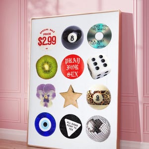Vintage Collage Retro Print, Kiwi, Disco, Ästhetik Trendige Wandkunst, Retro Collage Wandkunst, trendiges Wohnheimdekor, 8 Ball, Blumen Poster