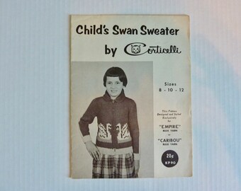 Vintage Corticelli Graph-style SWAN Knitting Pattern for Child Cardigan in sizes 8-10-12