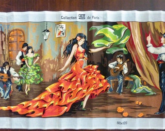 Large Needlepoint Canvas by Collection SEG de Paris, Flamenco Dancers, Measuring 47" wide X 23.5" high, 100% Cotton, made in France