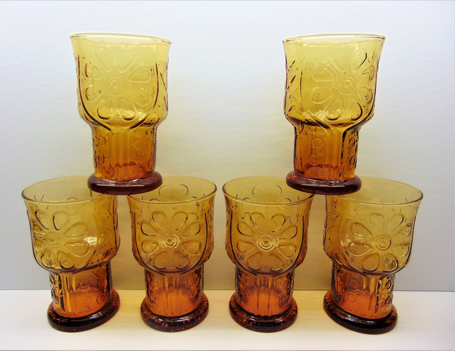 Vintage Libbey Drinking Glasses Amber Flower Glasses Etsy