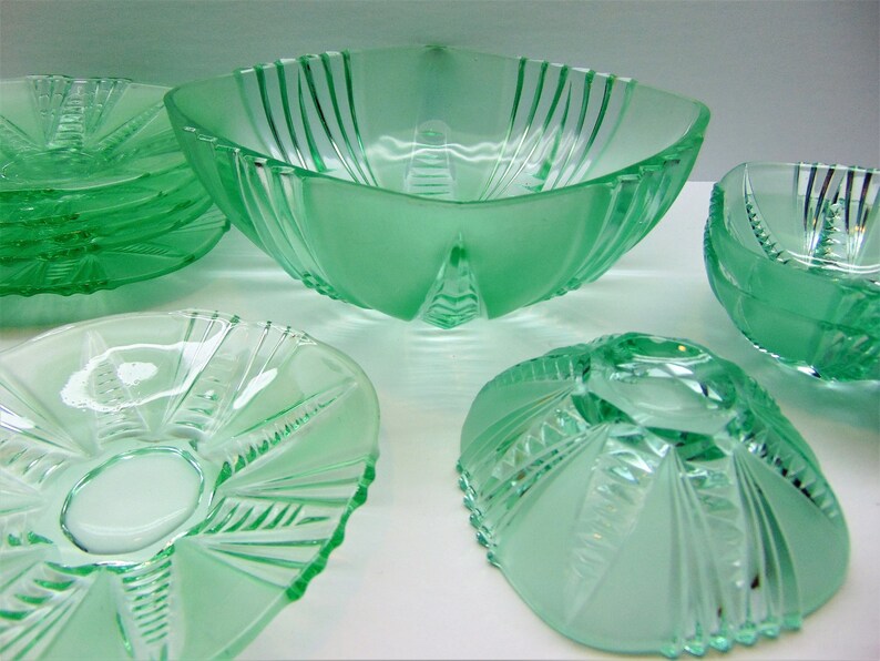 Vintage Green Frosted Glass Dessert Set
