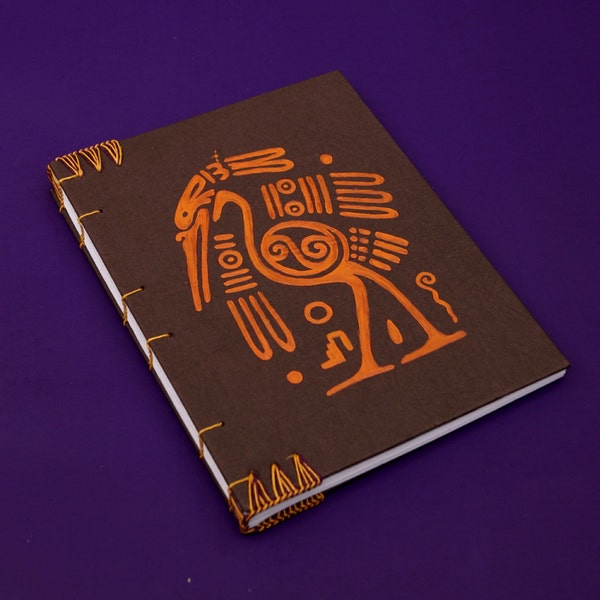 Aztec heron Coptic binding recycled paper notebook