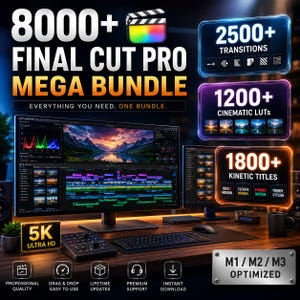 May include: A digital product bundle for Final Cut Pro, featuring over 8000 assets. Includes 2500+ transitions, 1200+ cinematic LUTs, and 1800+ kinetic titles. Optimized for M1, M2, and M3. The image shows a computer setup with a 5K Ultra HD display.