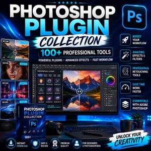 Puede incluir: Un anuncio de producto digital para una colección de plugins de Photoshop con más de 100 herramientas profesionales. La imagen muestra un monitor de computadora con software de edición de fotos, una caja de software e iconos que destacan los beneficios.