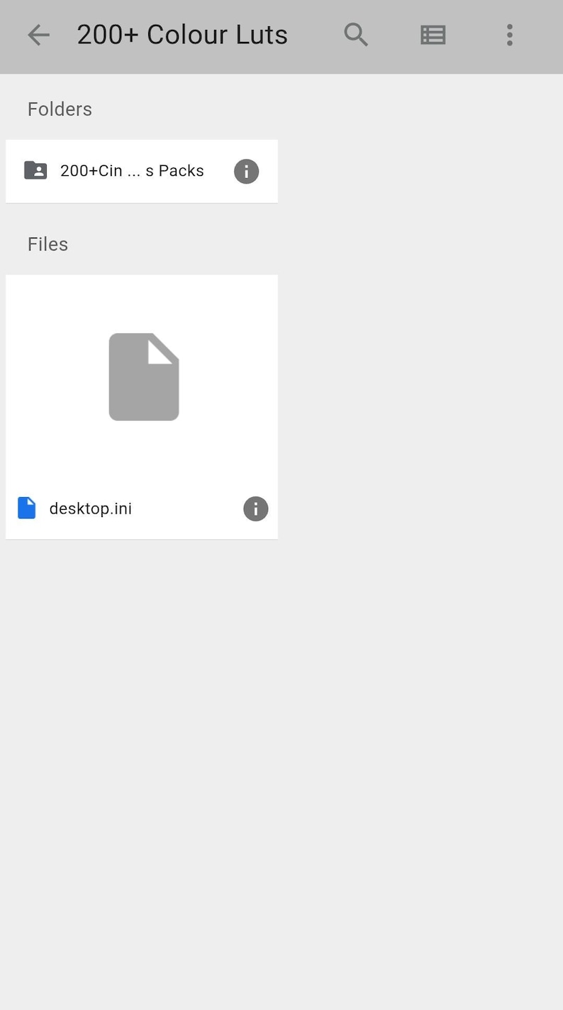May include: A digital file manager interface displaying a folder titled 200+Cin...s Packs and a single file named desktop.ini. The top navigation bar shows the text 200+ Colour Luts with search, view, and menu icons on a light gray background.