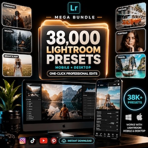 Könnte beinhalten: Werbebild für Lightroom-Voreinstellungen. Es zeigt einen Desktop-Computer und ein Smartphone mit Foto-Bearbeitungs-Oberflächen. Der Text lautet "38.000 Lightroom Presets" und "Mobile + Desktop". Zusätzliche Miniaturansichten zeigen verschiedene Fotobearbeitungsstile.